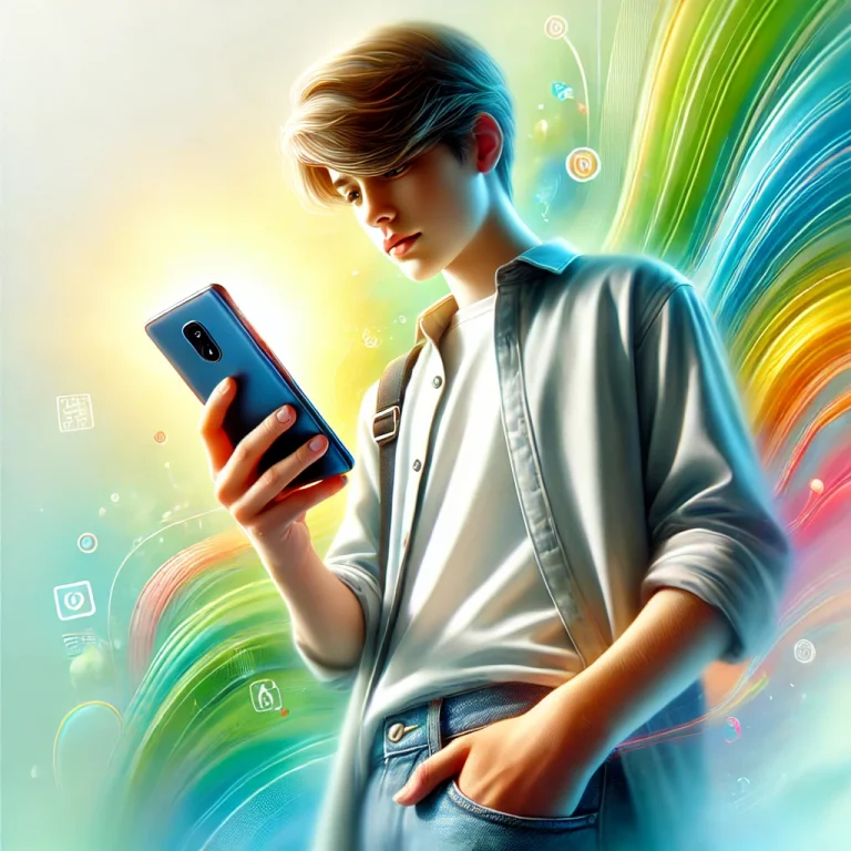 DALL·E 2024-09-09 11.23.51 - A realistic image of a 16-year-old boy holding a smartphone, with the back of the phone facing the viewer. The boy is wearing a white shirt and jeans,