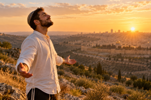 בחור מאושר מול הזריחה